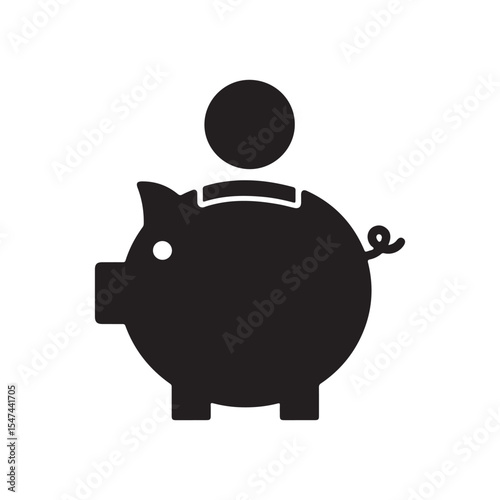 Adorable Black Silhouette Icon of a Piggy Bank with a Coin
