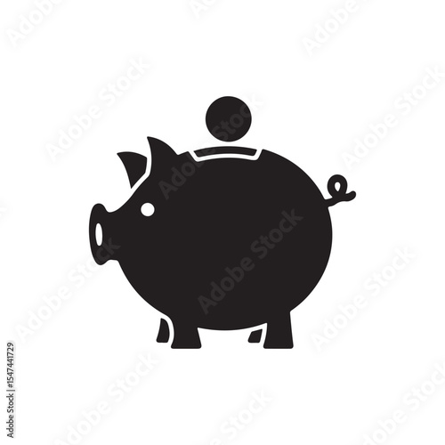Adorable Black Silhouette Icon of a Piggy Bank with a Coin