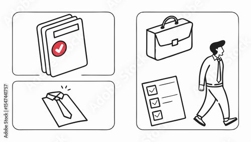 Black and white line art illustration depicting job interview preparation, featuring organized documents, professional attire, a checklist, briefcase, and a confident man walking.