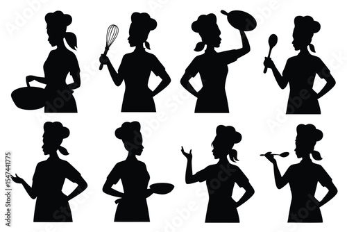 Silhouettes of Female Chefs Preparing Food with Various Kitchen Utensils in Black Color