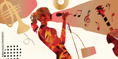 Colorful Jazz Singer and Musical Instruments Abstract Vector Illustration