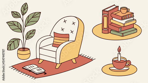 Minimalist cozy reading nook illustration with a comfy armchair, green plant, open book, stacked books, tea, and lit candle. Perfect for hygge home decor and relaxation.