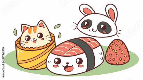 Adorable kawaii food characters featuring a cute cat sushi roll, happy salmon nigiri, sweet bunny panda face, and a fresh strawberry on a light green ground.