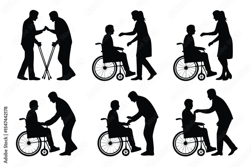 Obraz premium Silhouettes of People Helping Seniors and Persons with Disabilities Assistance and Support Illustrations