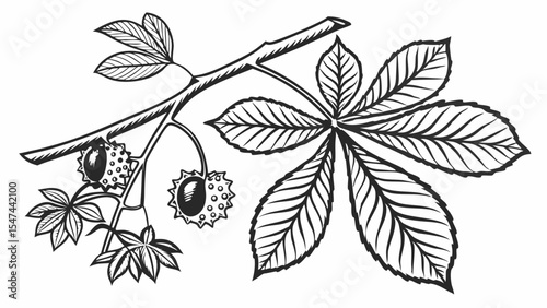 Detailed black and white botanical line art illustration of a horse chestnut tree branch with spiky conker husks and a large palmate leaf.