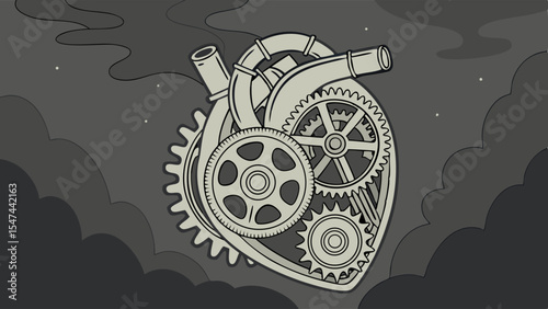 Detailed steampunk clockwork heart with intricate gears, cogs, and pipes, vintage industrial design, grayscale illustration on a dark cloudy background.