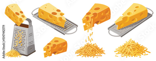 Grating Cheese Illustration Isometric View of Cheese and Grater