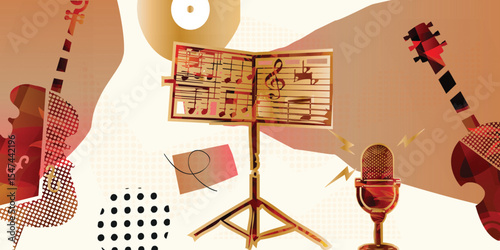 Music collage background with music stand and musical notes
