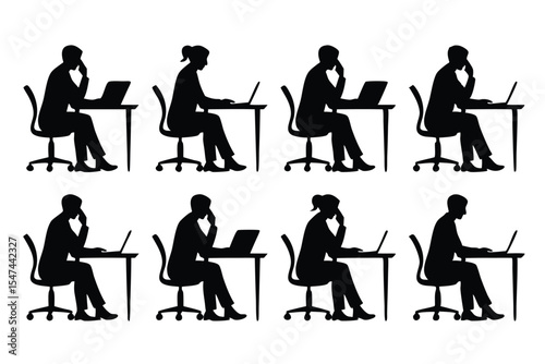 Silhouettes of People Working at Desks with Laptops, Office Environment, Black and White