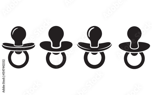Baby pacifier icons set, black silhouette design, infant baby care, newborn, parenting, child, motherhood, baby products, simple design, vector illustration.