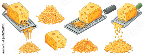 Grating Cheese Illustrations Various Stages and Piles