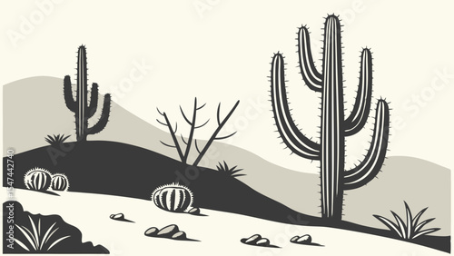 Monochrome desert landscape illustration featuring saguaro and barrel cacti. Black and white vector art of arid nature scene with Southwest plants and rocky hills.