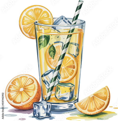 A watercolor illustration of a tall glass of iced lemonade with lemon slices, ice cubes, and a striped straw