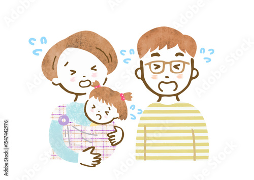 赤ちゃんをスリング抱っこするお母さんとお父さんの家族イラスト（泣き顔・上半身）