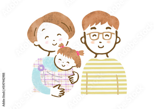 赤ちゃんをスリングで抱っこするお母さんとお父さんの家族イラスト（笑顔・上半身）