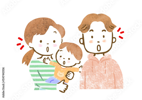赤ちゃんを抱っこするお母さんとお父さんの家族イラスト（驚いた顔・上半身）