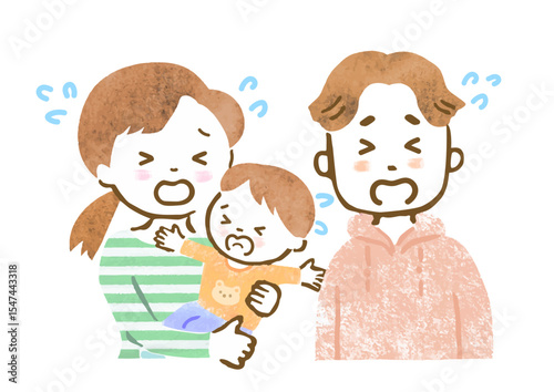赤ちゃんを抱っこするお母さんとお父さんの家族イラスト（泣き顔・上半身）