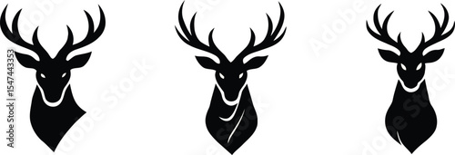 Deer head silhouette vector sheet. Frontal antlered view set. 