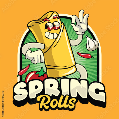 Funny Spring Roll Food Cartoon Characters in Retro 70s Illustration	