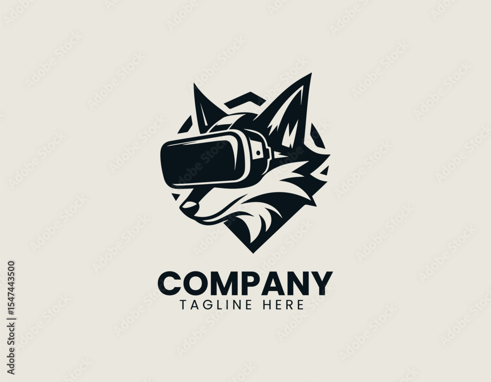 Obraz premium VR gamer fox wearing headset holding controller inside bold circular logo conveying modern digital gaming spirit