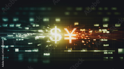 Dollar and Yen Convergence: Dynamic abstract representation of financial markets with Dollar and Yen symbols merging and illuminating with blurred neon lights, suggestive of global trading.