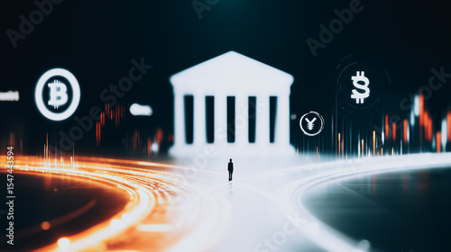 Navigating the Digital Realm: A lone figure stands at the crossroads of traditional finance and the blockchain, silhouetted against a backdrop of financial symbols and flowing digital light trails.