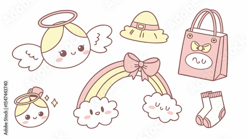 Kawaii pastel pink and yellow cartoon doodle collection of cute baby angel, rainbow, hat, bag, and socks. Hand-drawn children's accessories vector art.