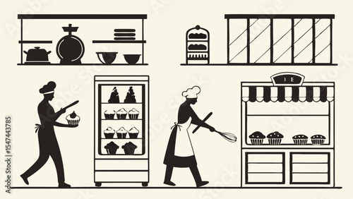Monochrome vector art showing two silhouette bakers preparing and displaying delicious cupcakes in a busy pastry shop kitchen with shelves and counters.