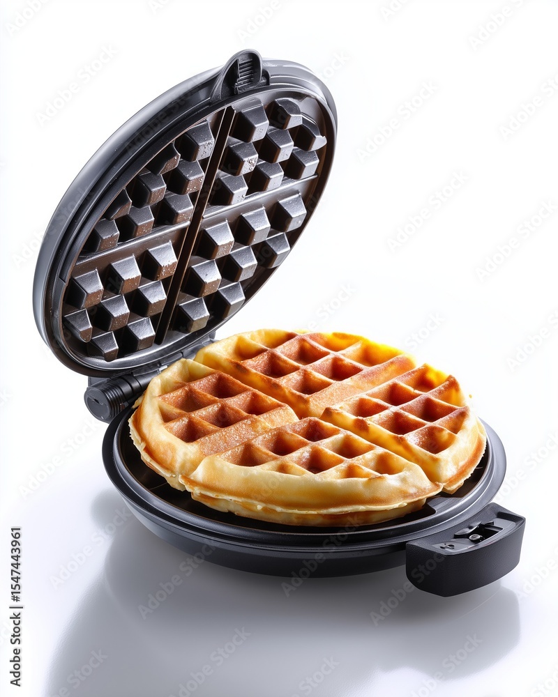 Crispy Waffle in Open Waffle Maker on White Background. Crispy Waffle in Open Waffle Maker on White Background.
