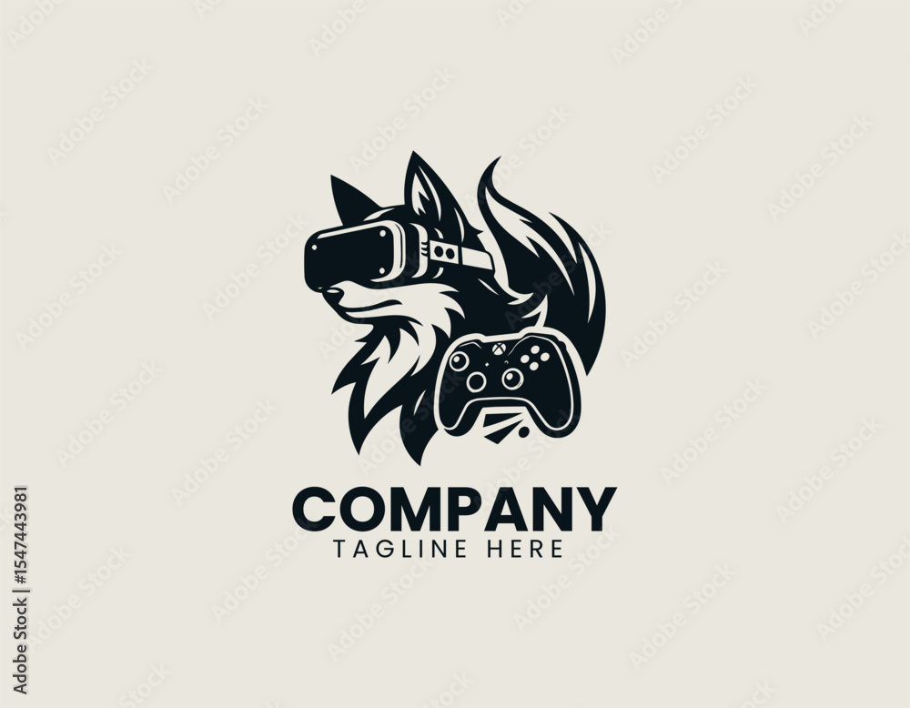 Obraz premium VR gamer fox wearing headset holding controller inside bold circular logo conveying modern digital gaming spirit