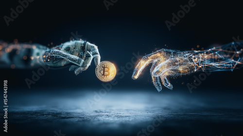 Cybernetic Exchange: A futuristic digital tableau featuring two robotic hands, connected by lines of light, tenderly interacting with a bitcoin.