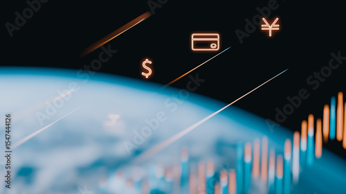 Global Finance: A captivating visual representing the global financial landscape, showcasing the interplay of international currency symbols and market trends against the backdrop of a stylized Earth.