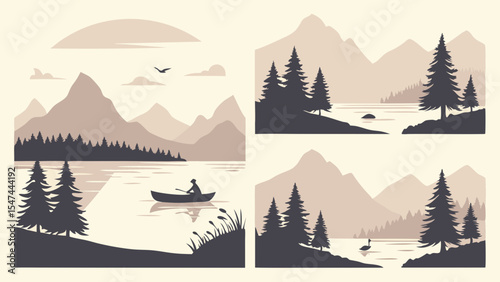 Serene minimalist sepia mountain lake landscapes. Flat design vector art featuring layered mountains, pine trees, a boat, swan, and birds.