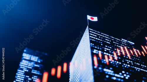 Japan Flag on Skyscraper: A symbolic image, highlighting the dynamic interplay between the nation's flag and the soaring ambition of a modern metropolis. The building with an illuminated skyline.