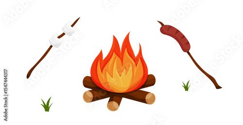 Campfire with marshmallows and sausage on sticks
