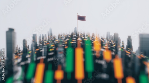 Financial Chart Metaphor: A conceptual view of rising stock prices as flags atop city skyscrapers, symbolizing economic prosperity and growth.