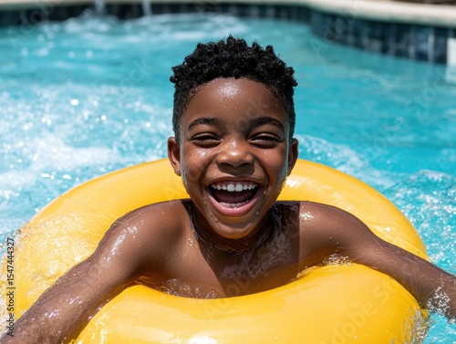 Happy Black child swimming with yellow inflatable ring at pool