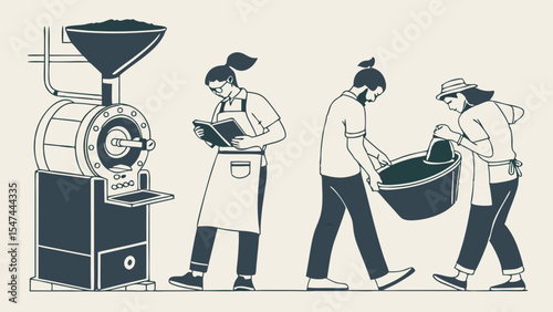 Minimalist illustration of coffee roasters working with a commercial machine, monitoring bean quality, and transporting green coffee for artisan production.