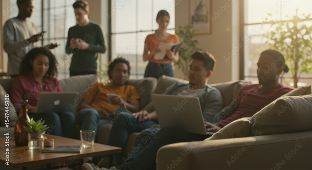 Diverse Group of Young Adults Collaborating on Projects in a Modern Loft Apartment Diverse Group of Young Adults Collaborating on Projects in a Modern Loft Apartment