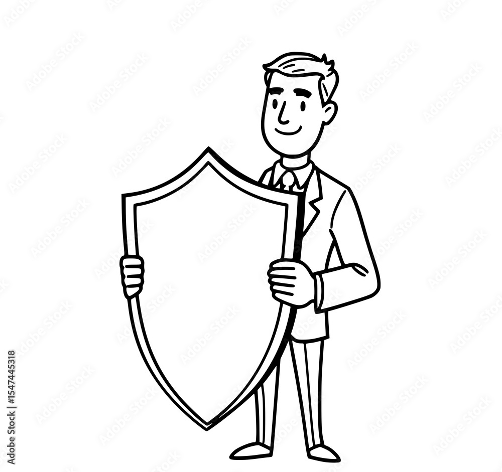 Obraz premium Businessman with Shield: A simple line art illustration of a confident businessman holding a large shield, symbolizing protection and security in a monochrome style.