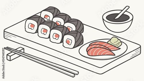 Delicious Japanese sushi maki rolls and salmon sashimi meal with chopsticks soy sauce wasabi and ginger on a wooden tray clean line art illustration