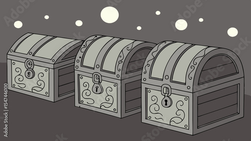 Mysterious grayscale illustration of three ornate antique treasure chests in a row, featuring decorative locks and glowing magical lights in a dark fantasy setting.