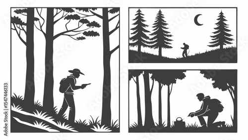 Black and white silhouette art depicting hikers exploring forests and mountains. Outdoor adventure scenes feature backpackers walking trails and observing nature.