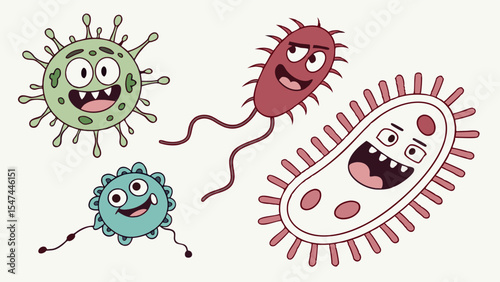 Colorful cartoon microbes vector art featuring four distinct, friendly bacteria and viruses with expressive faces. Cute animated microscopic germs for science and health.