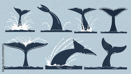 Dark blue whale tails and flukes vector silhouette set with water splashes. Marine life ocean animal diving and breaching collection on light blue.