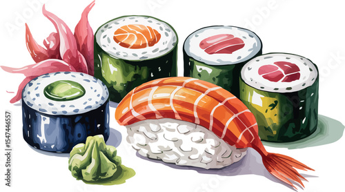 A watercolor illustration of assorted sushi including nigiri, maki rolls, and sashimi, placed beside pickled ginger and wasabi