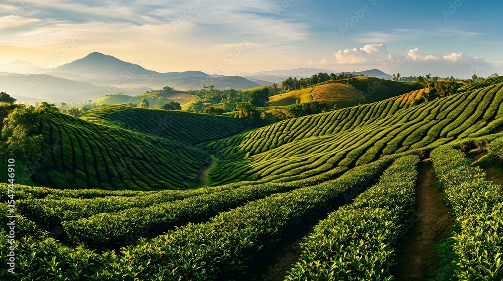 Fototapeta premium Panoramic capture of the rolling hills and coffee plantations around Mbeya, wide-angle nature scene