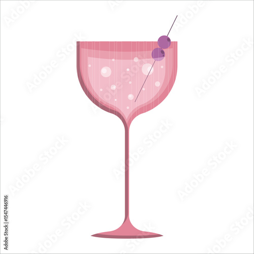 Vector illustration of a pink glass on a thin stem with olives on a toothpick on a white background.