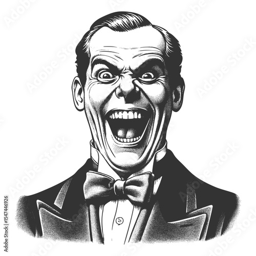 Funny man in formal attire laughing with wide eyes and an exaggerated open-mouthed expression sketch engraving generative ai fictional character vector illustration. Scratch board. Black and white.