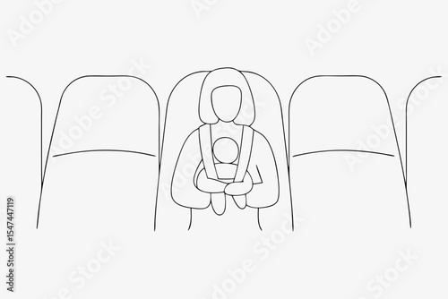 Airplane passenger with baby, safety guidelines, line art illustration, grayscale, for travel brochures